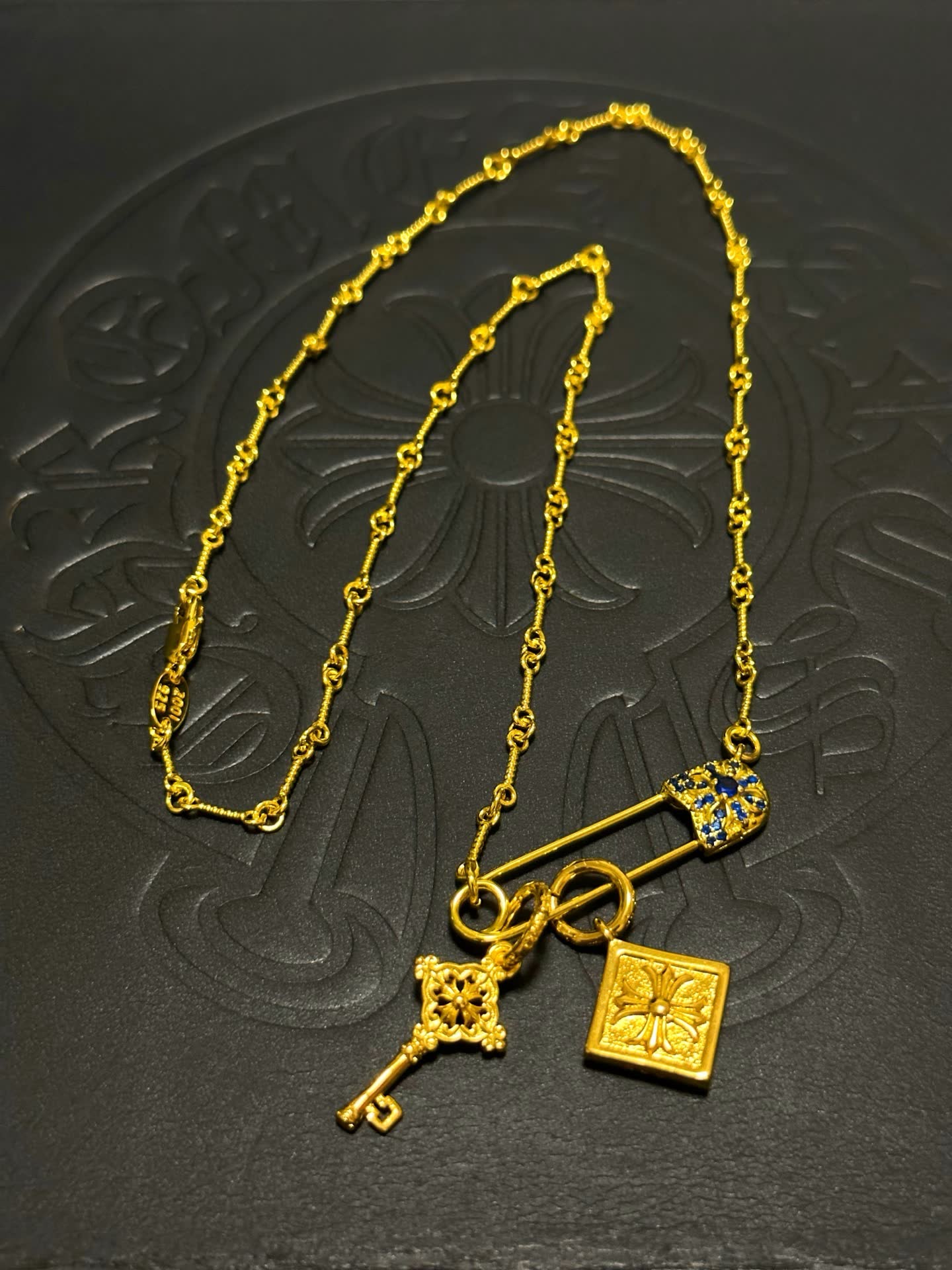 Chrome Hearts Gold-Plated Necklace with Key and Square Charm